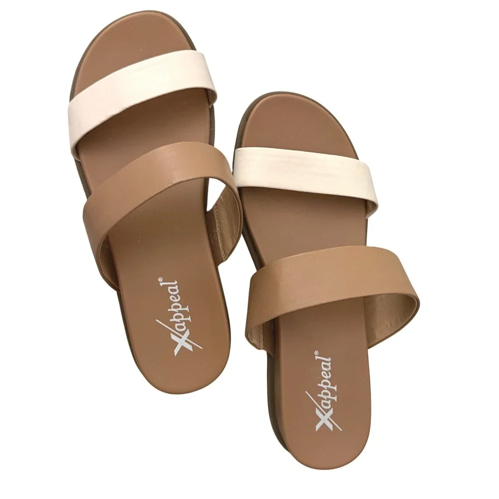 Xappeal Edith Slide Sandals Women 8M Tan Cream NWOT Two Strap Minimalist